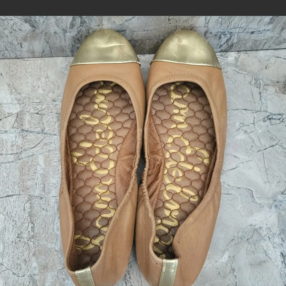 Sam Edelman Women's 7.5 Baxton 2 Tan Leather Gold Cap Toe Slip On Ballet Flats - Picture 6 of 11